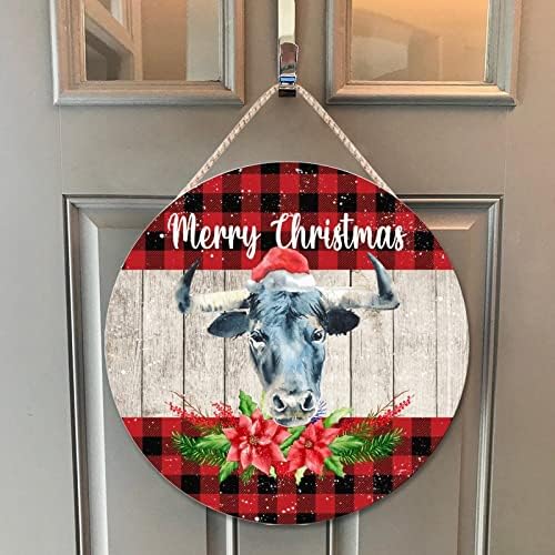 Farmhouse Door Hanger Christmas Cow Red Buffalo Plaid Wood Sign