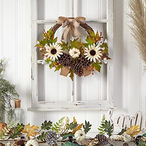 Nearly Natural 20in Autumn Sunflower Wreath with Bow