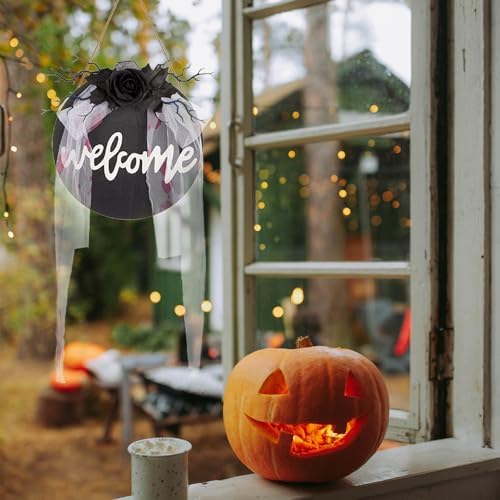 Halloween Welcome Sign Wooden Door Hanging Wreath