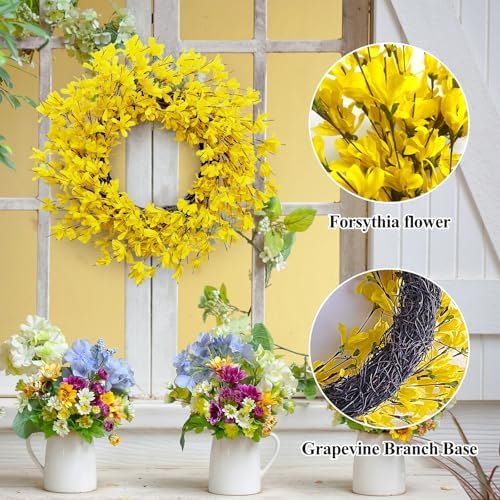 Huashen 24 Inch Yellow Forsythia Summer Wreath for Front Door