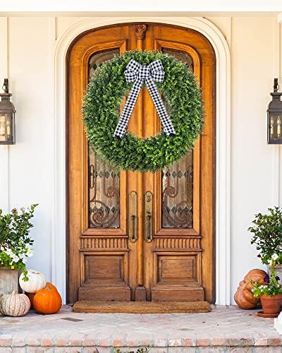 Vlorart 32 Inch Faux Boxwood Wreath with Plaid Bow