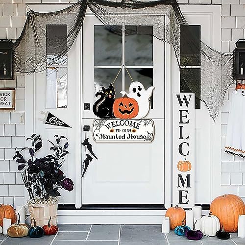 Halloween Door Hanging Sign with Ghost and Pumpkin Design