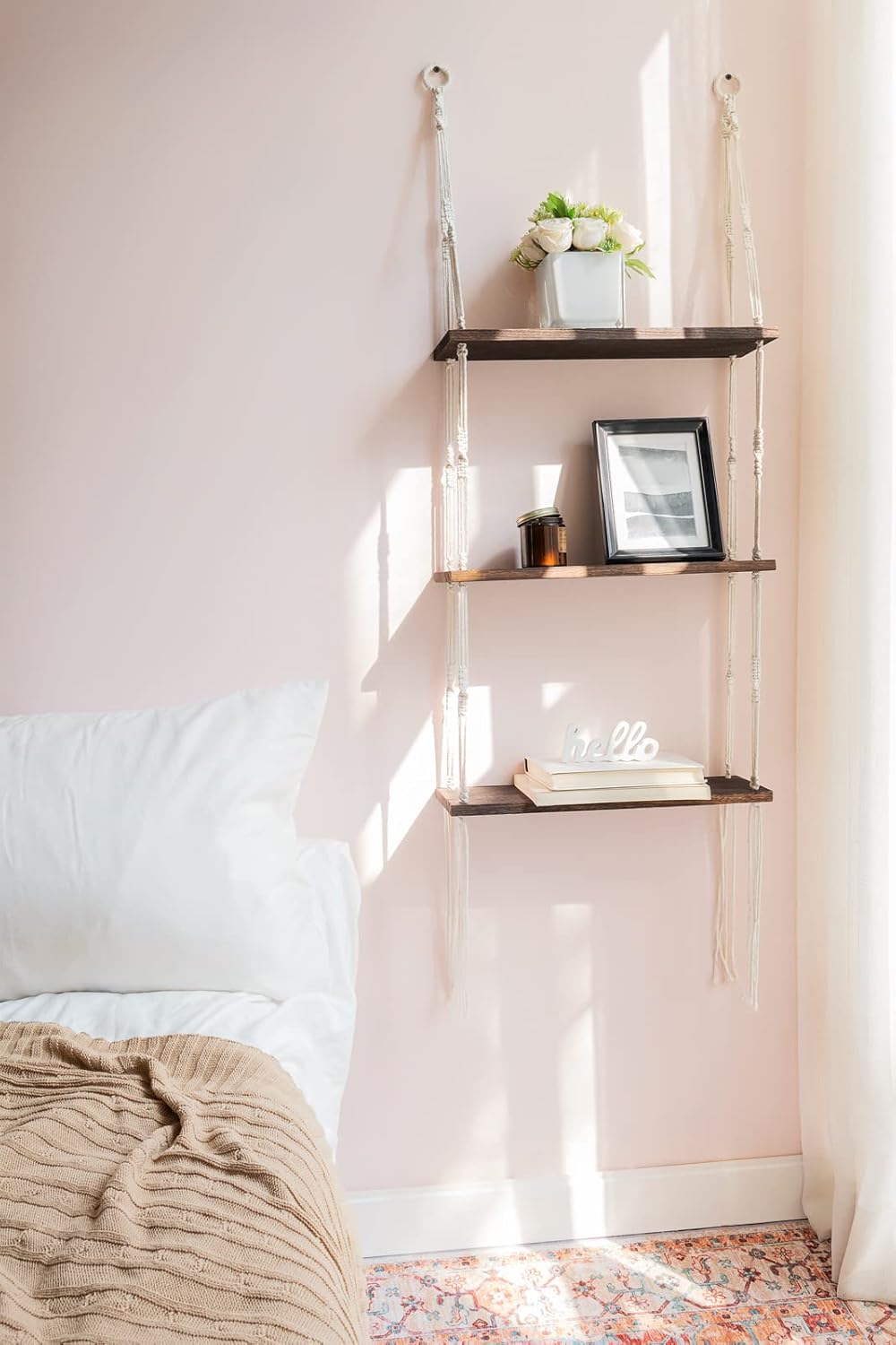 Macrame Wall Hanging Shelf 3 Tier Wood Floating Shelves