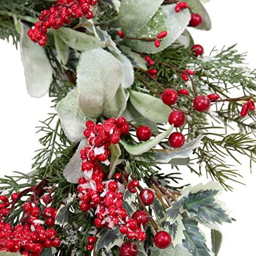 20 Inch Artificial Christmas Wreath with Lambs Ear Leaves Snow and Red Berries