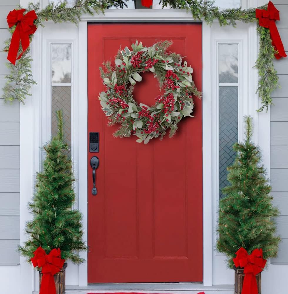 20 Inch Artificial Christmas Wreath with Lambs Ear Leaves Snow and Red Berries