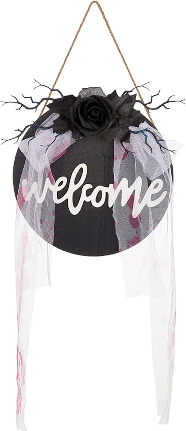 Halloween Welcome Sign Wooden Door Hanging Wreath