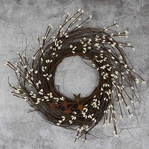 Primitives Rustic Wreath with Barn Stars and Berries 12 Inch Ivory