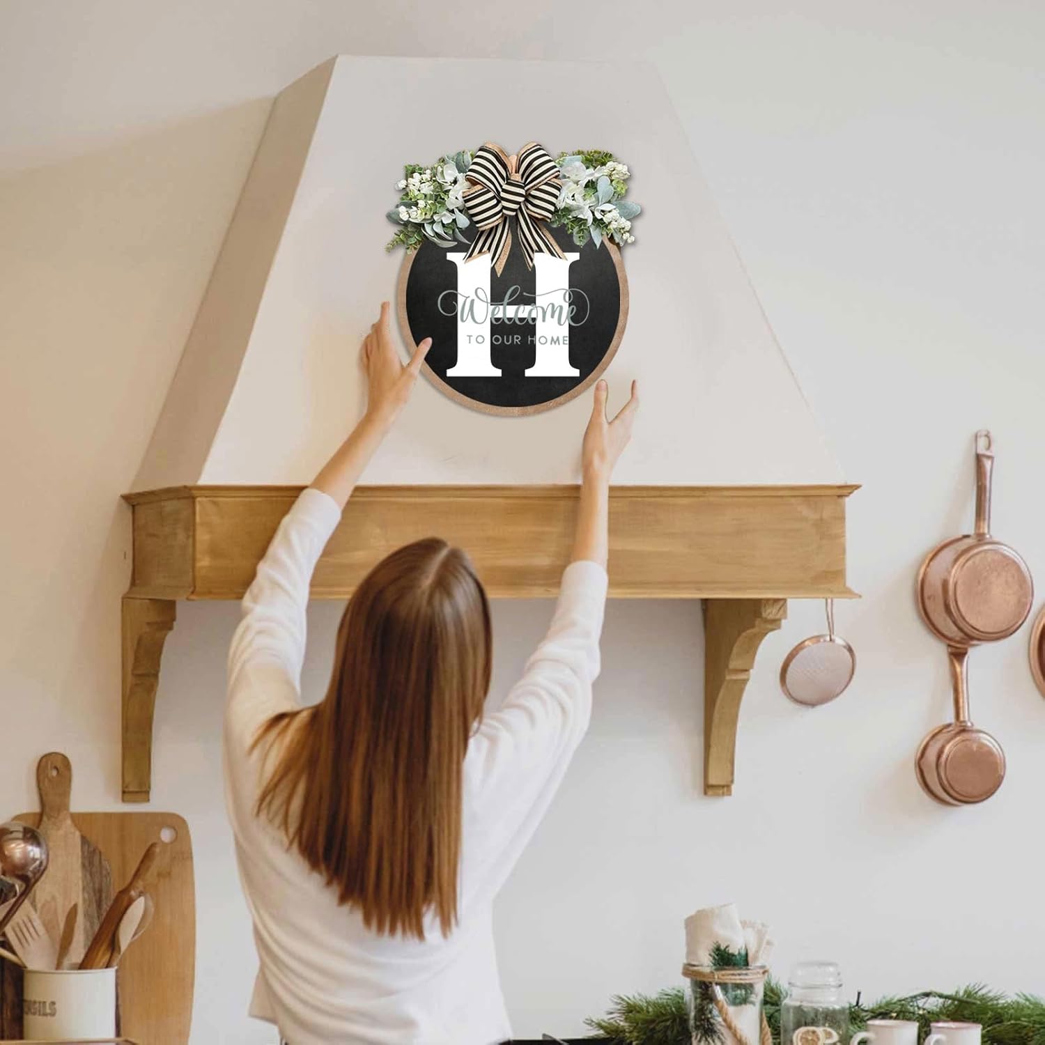 Unique Initial Last Name Round Front Door Wreath with Bow 1