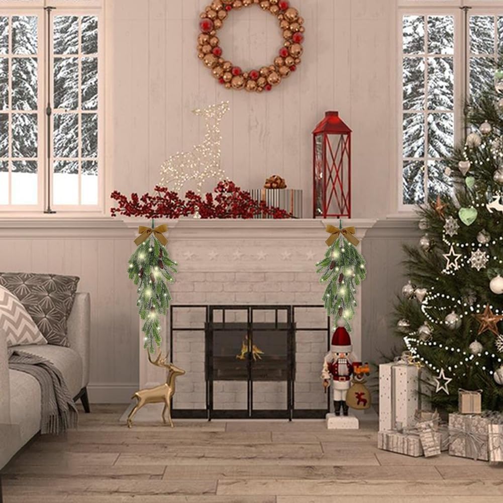 4Pack 276 Inch Pre-Lit Teardrop Wreath with Pine Cones and Fairy Lights