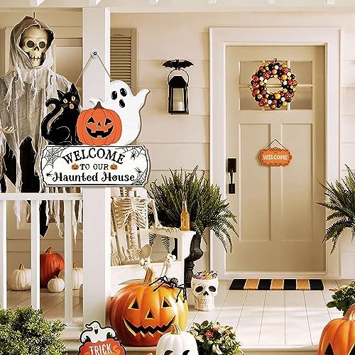 Halloween Door Hanging Sign with Ghost and Pumpkin Design