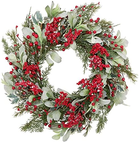 20 Inch Artificial Christmas Wreath with Lambs Ear Leaves Snow and Red Berries