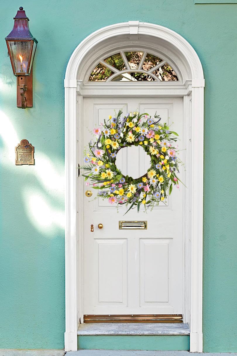 LSKYTOP Artificial Daisy Wreath 24 Inch Front Door Decor