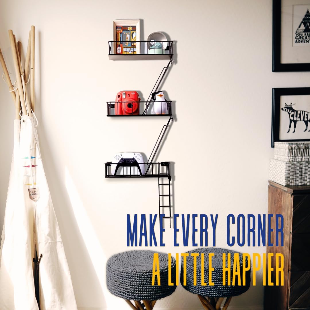 Fire Escape Wall Shelf with 3 Tiers - Black Metal Decor