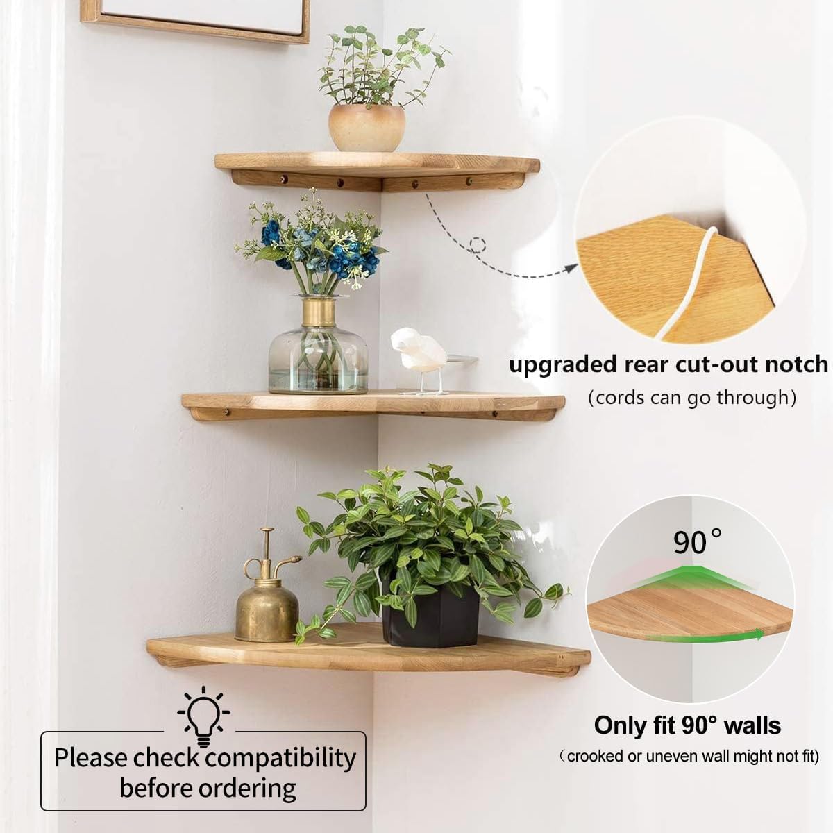 Conamily 7 Inch Solid Oak Floating Corner Shelf