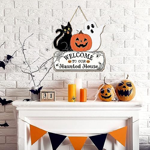 Halloween Door Hanging Sign with Ghost and Pumpkin Design
