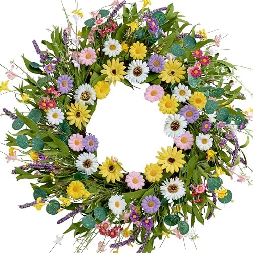 22 Inch Artificial Spring Wreath with Yellow Daisies and Green Eucalyptus Leaves
