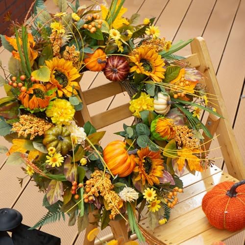 24 Inch Fall Wreath with Sunflowers Pumpkins Leaves for Front Door