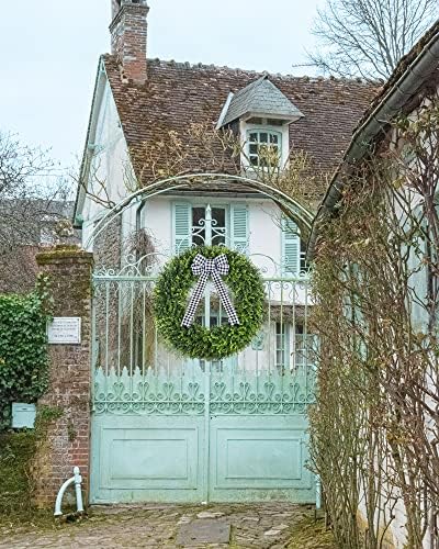 Vlorart 32 Inch Faux Boxwood Wreath with Plaid Bow