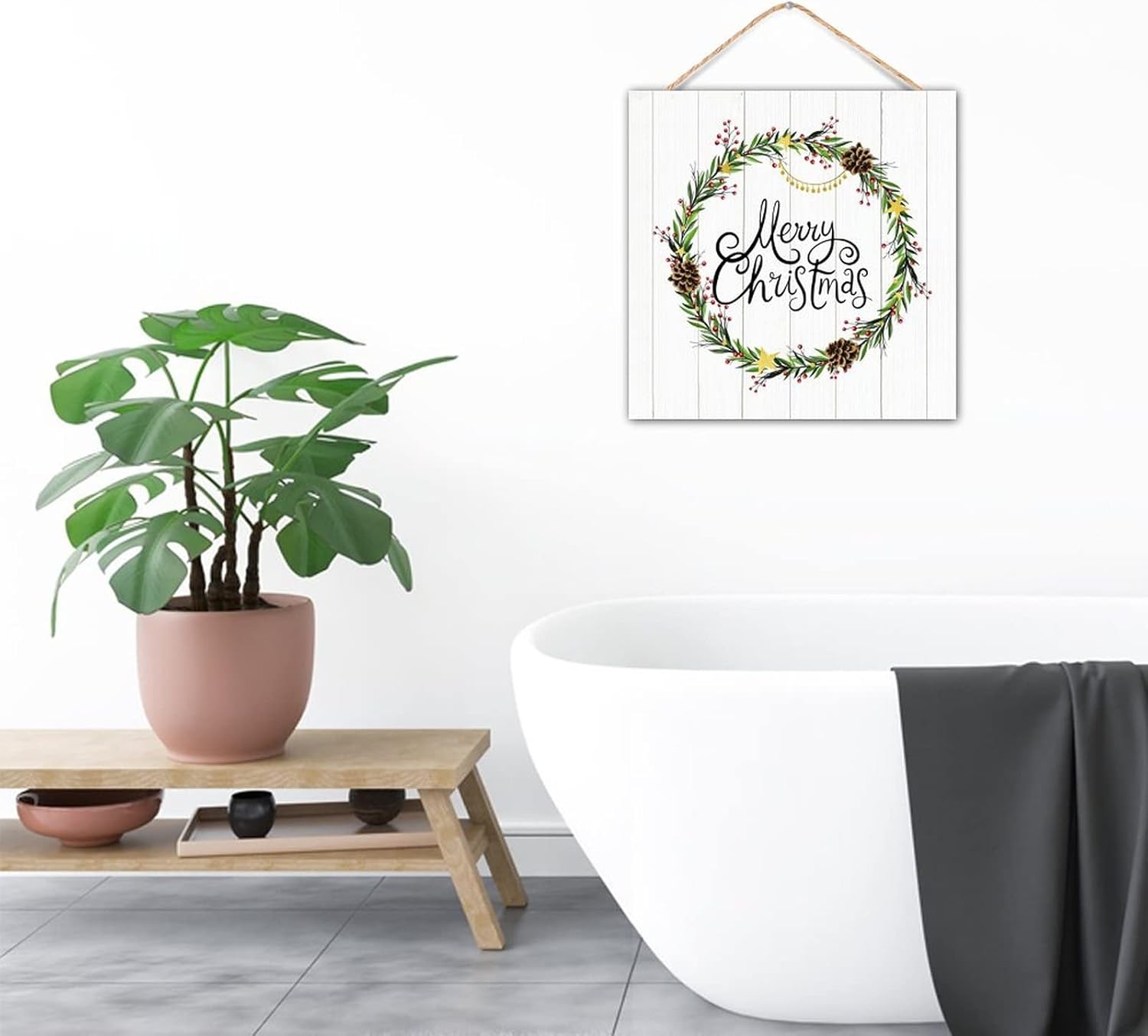 Winter Door Hanger Wreath 12x12in Wooden Plaque