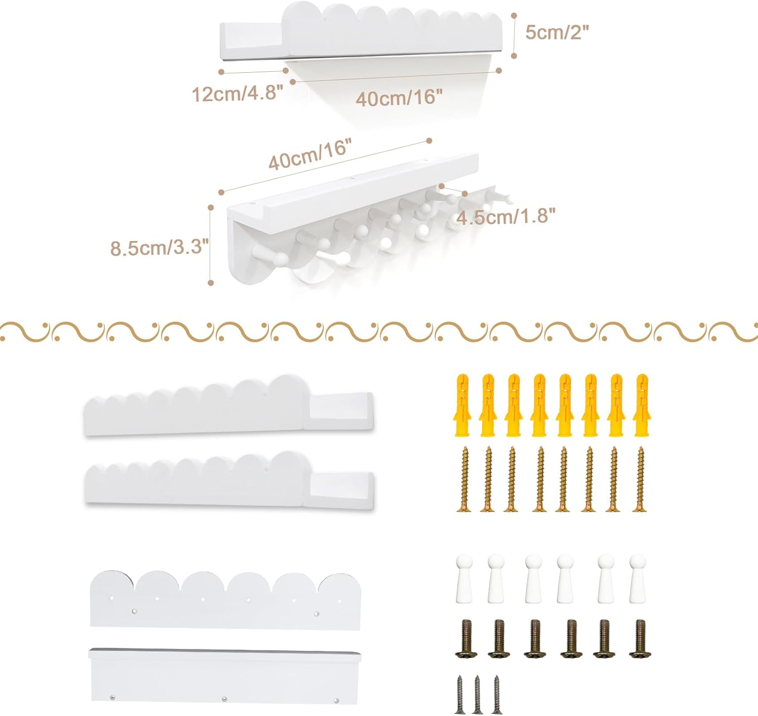 Floating Nursery Book Shelves with Hooks Set of 3 White
