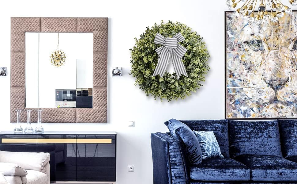KuiMen 19 Inch Boxwood Wreath with 3 Bows