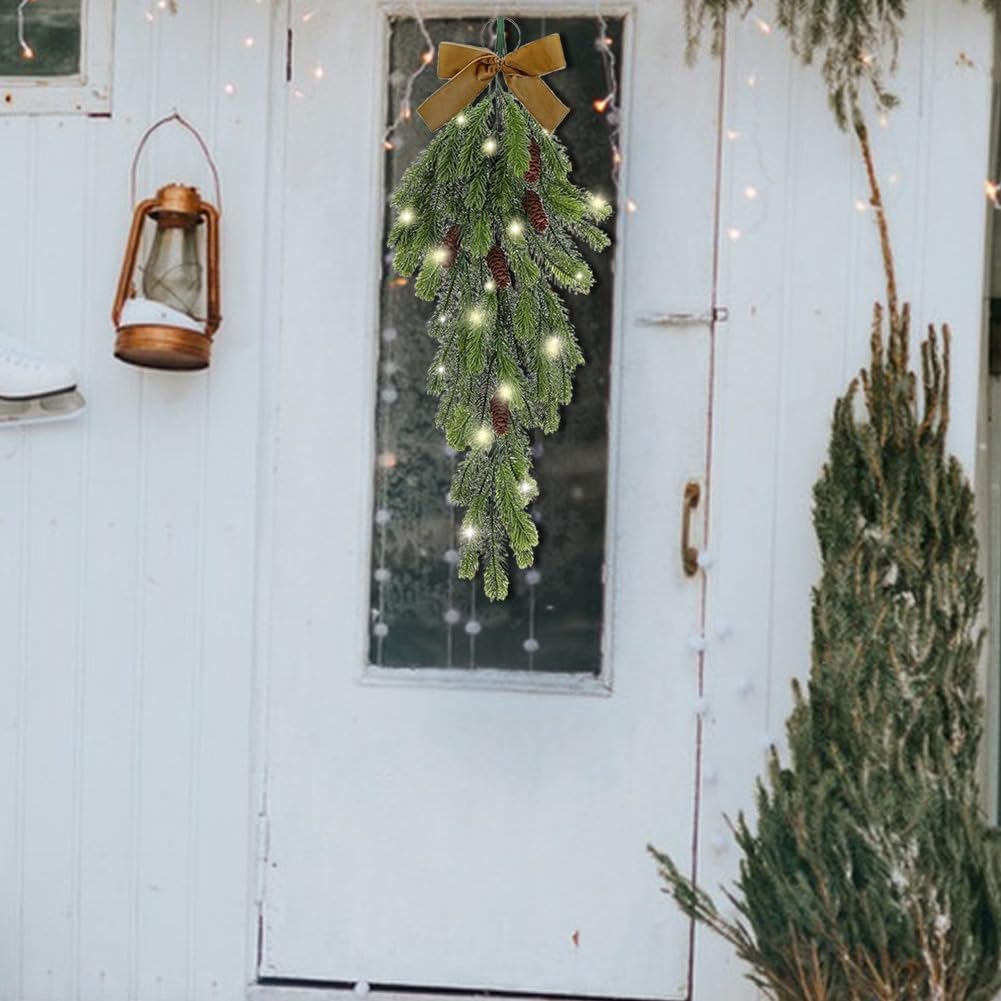 4Pack 276 Inch Pre-Lit Teardrop Wreath with Pine Cones and Fairy Lights