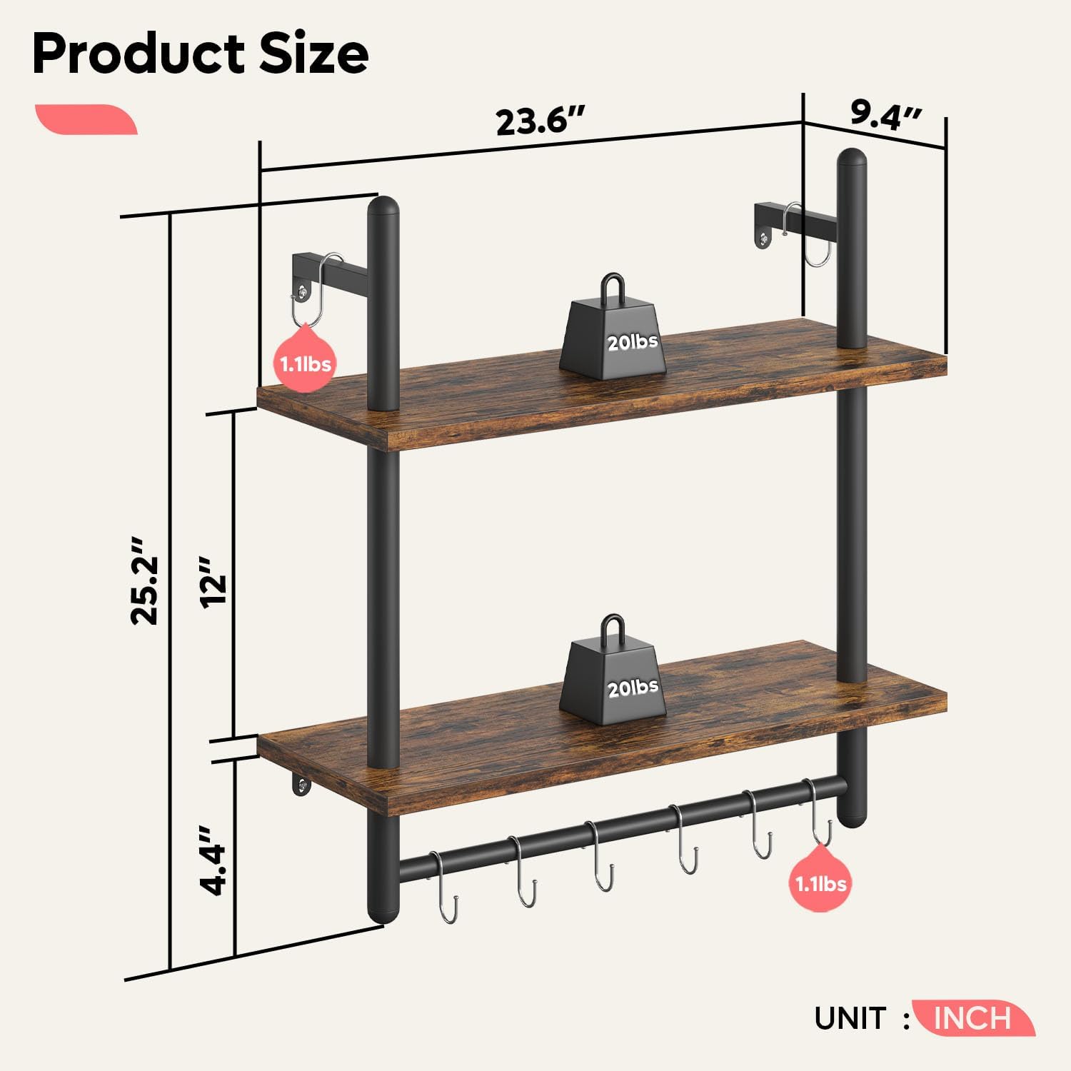 Bestier 24 Inch Floating Kitchen Shelves 2 Tier with 8 Hooks