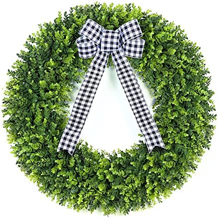 Vlorart 32 Inch Faux Boxwood Wreath with Plaid Bow