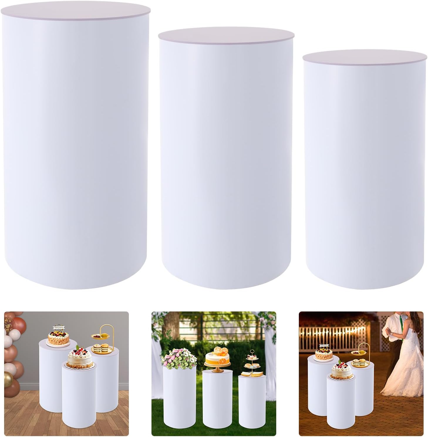 White Cylinder Pedestal Stand 3Pcs for Parties