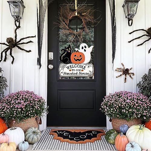 Halloween Door Hanging Sign with Ghost and Pumpkin Design