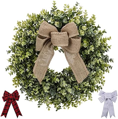 KuiMen 19 Inch Boxwood Wreath with 3 Bows