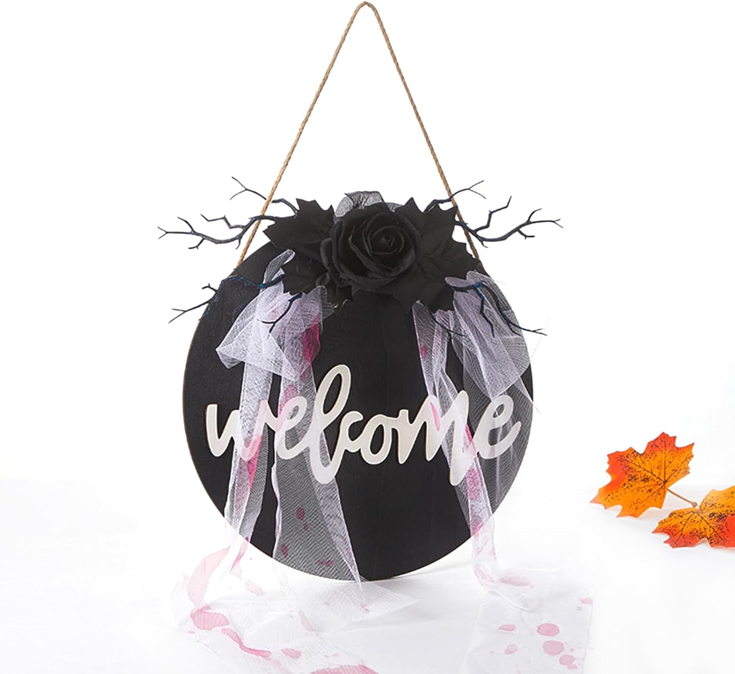 Halloween Welcome Sign Wooden Door Hanging Wreath