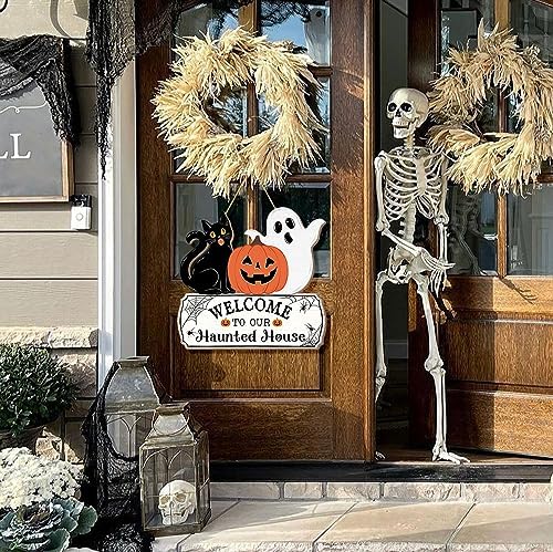 Halloween Door Hanging Sign with Ghost and Pumpkin Design