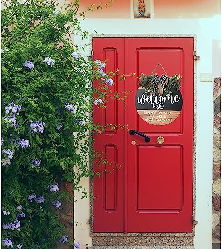 Welcome Sign for Front Door - Round Wood Wreath with Farmhouse Design