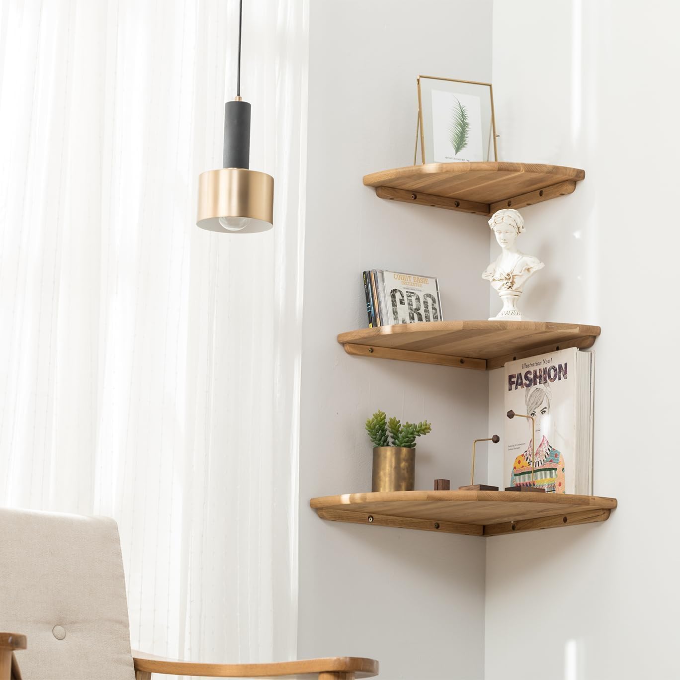 Conamily 7 Inch Solid Oak Floating Corner Shelf