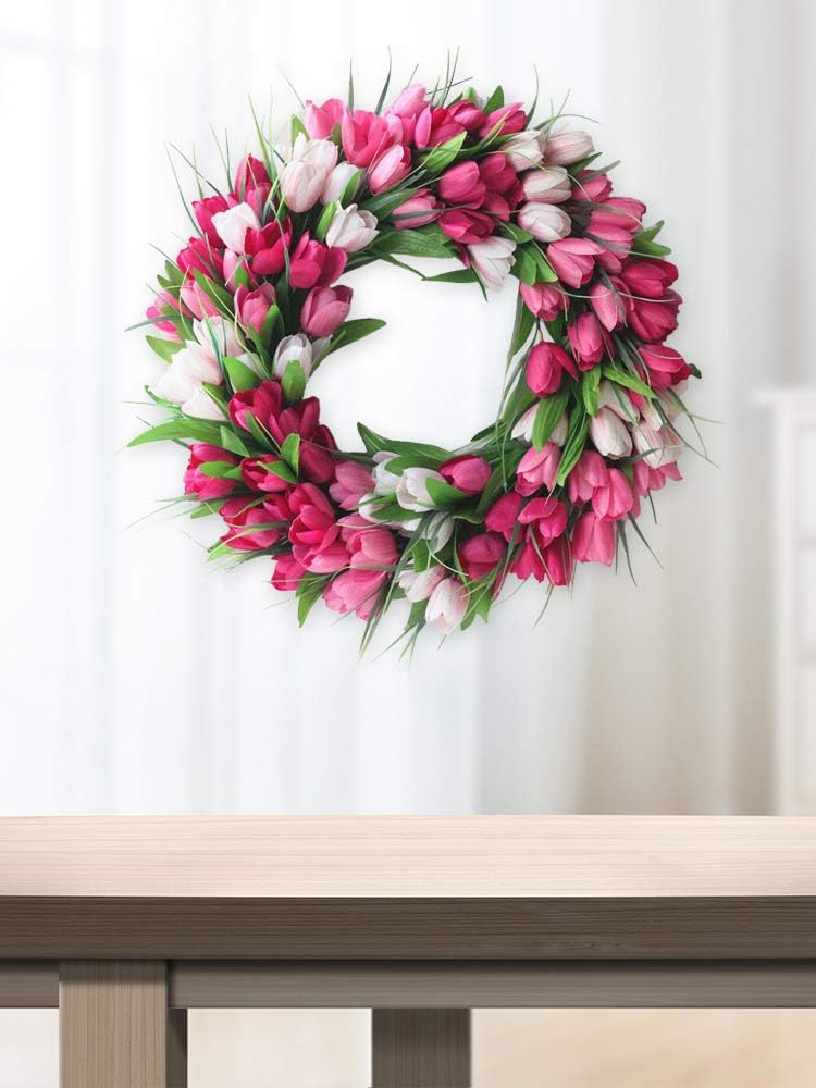 IUIBMI 20 Inches Artificial Door Wreath with Pink Tulips