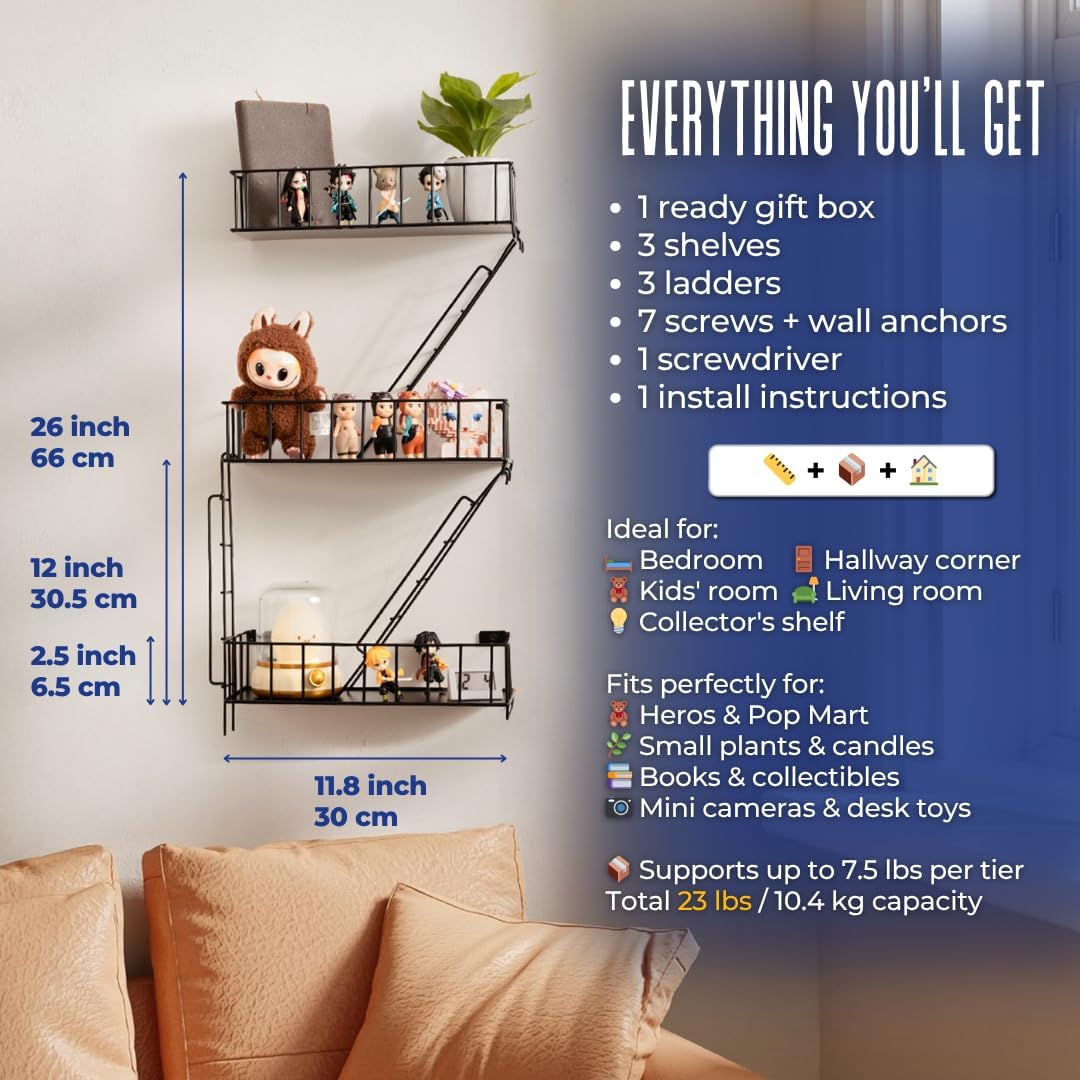 Fire Escape Wall Shelf with 3 Tiers - Black Metal Decor