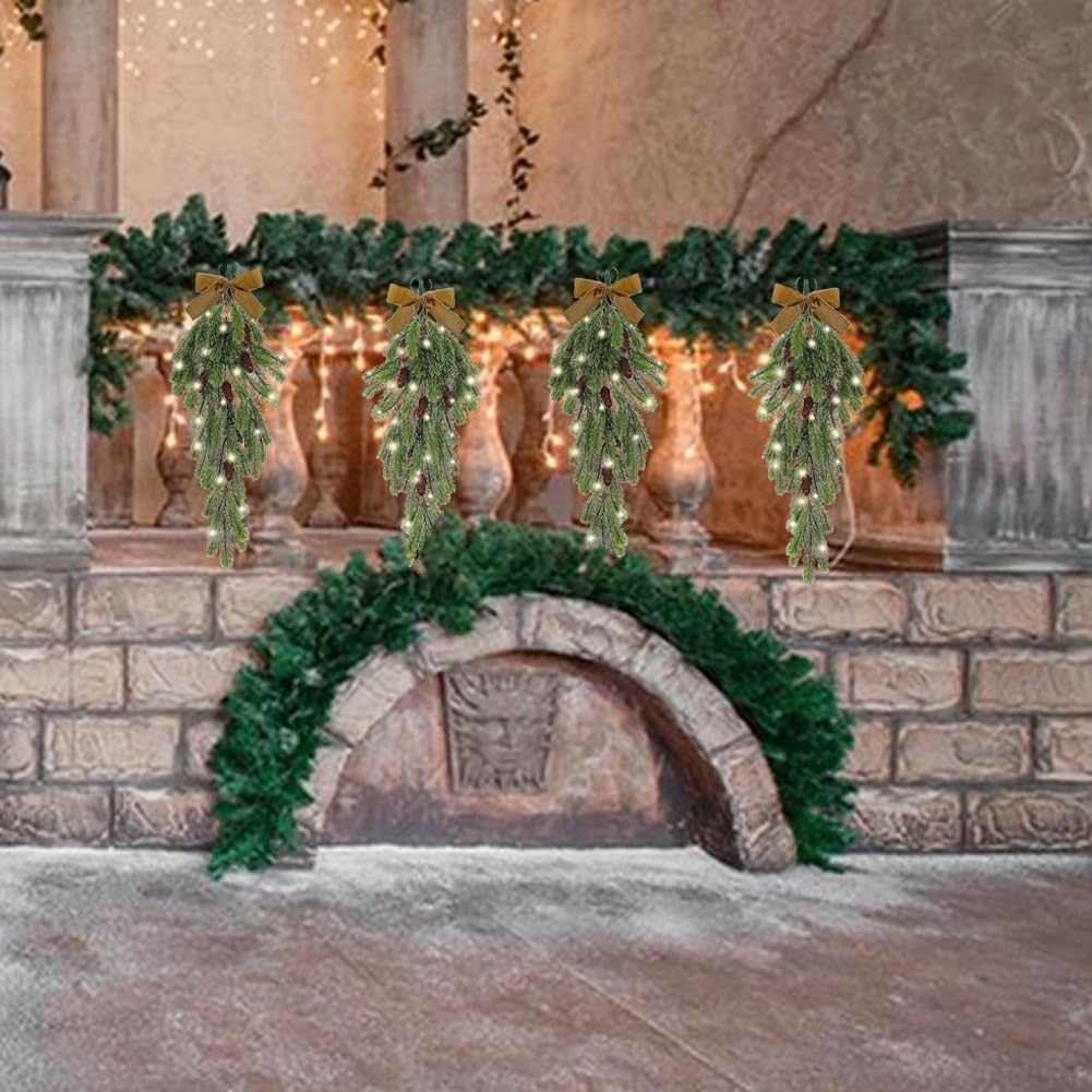 4Pack 276 Inch Pre-Lit Teardrop Wreath with Pine Cones and Fairy Lights