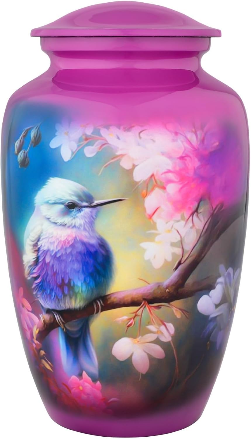Bright Purple Hummingbird Cremation Urn for Adult Ashes - 200 Cubic Inches