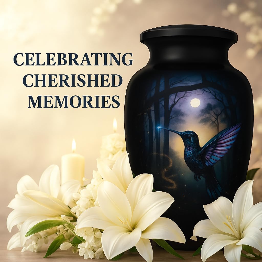 Premium Purple Aluminum Cremation Urn with Hummingbird Design 200 lbs