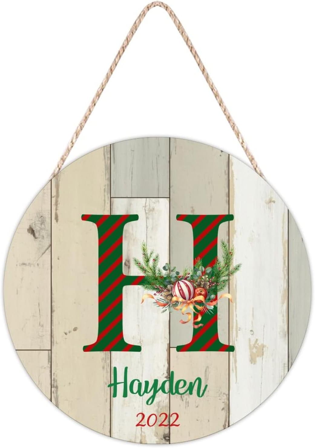 Custom Name Initial Farmhouse Door Hanger with Green Red Stripes