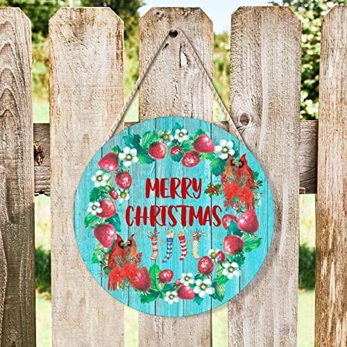 Farmhouse Front Door Hanger Red Birds Holly Wreath Christmas Wood Sign