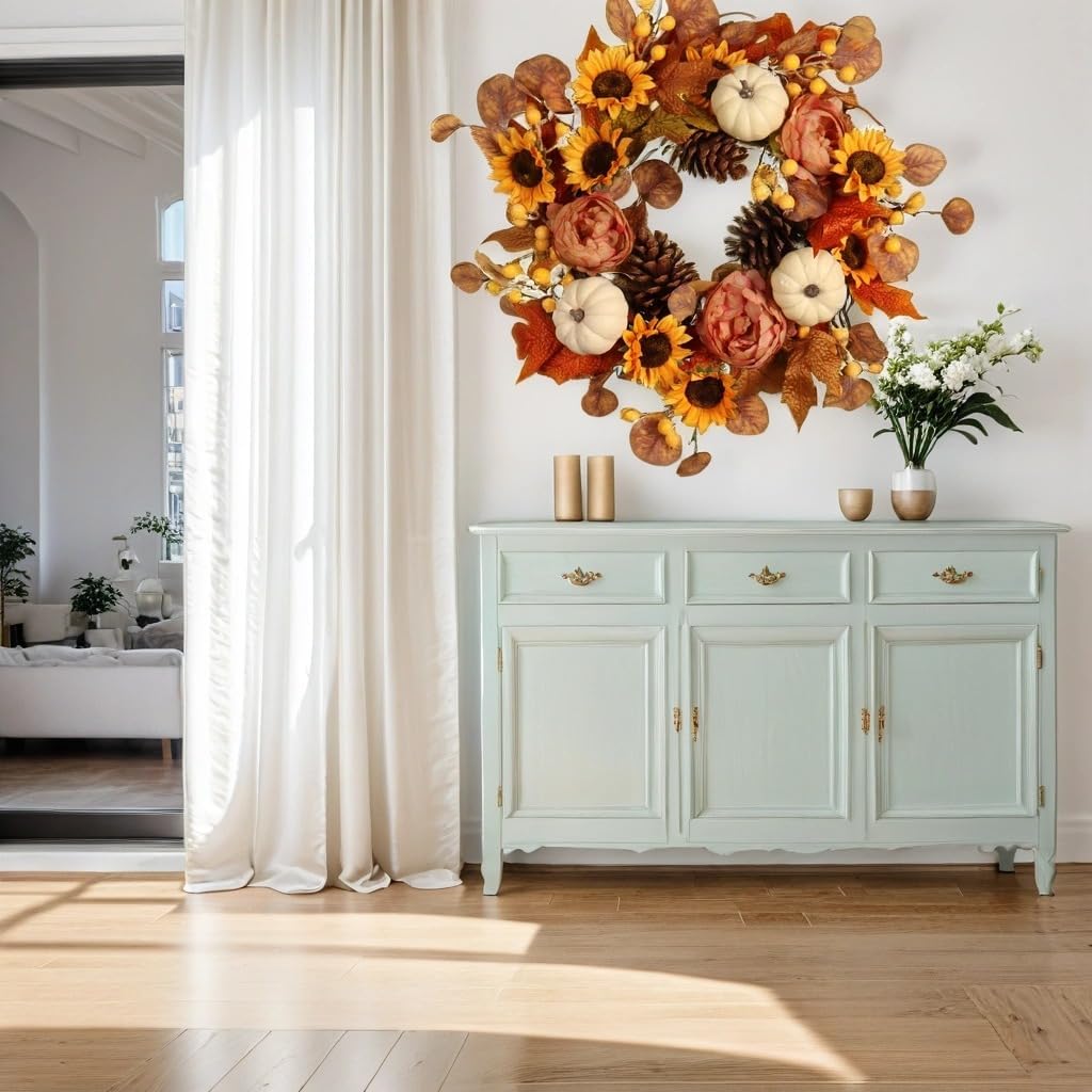 Pudate Artificial Fall Autumn Wreath 22 Inches