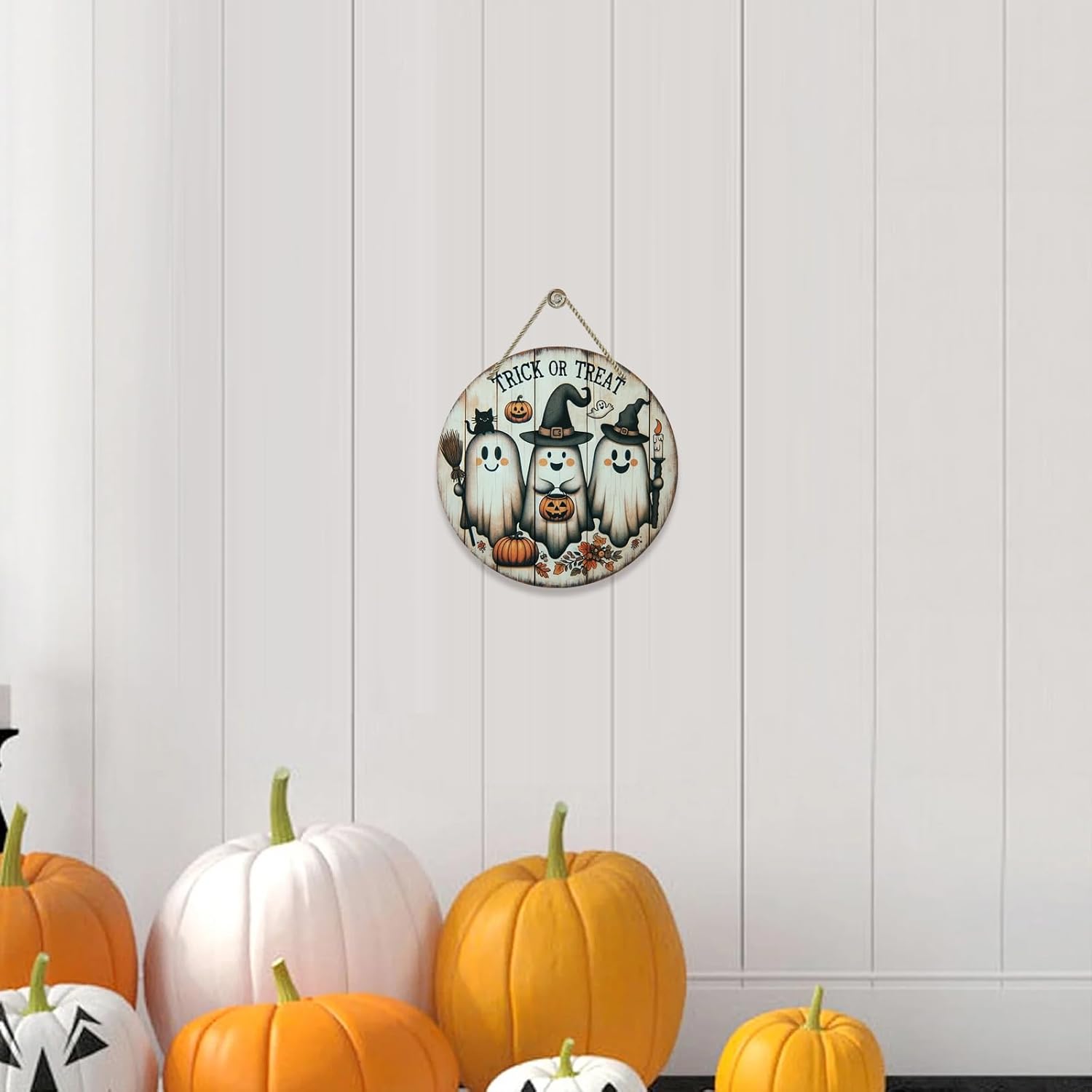 Spooky Halloween Door Sign with Ghost and Pumpkin Design