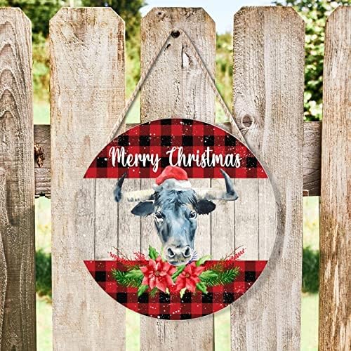 Farmhouse Door Hanger Christmas Cow Red Buffalo Plaid Wood Sign