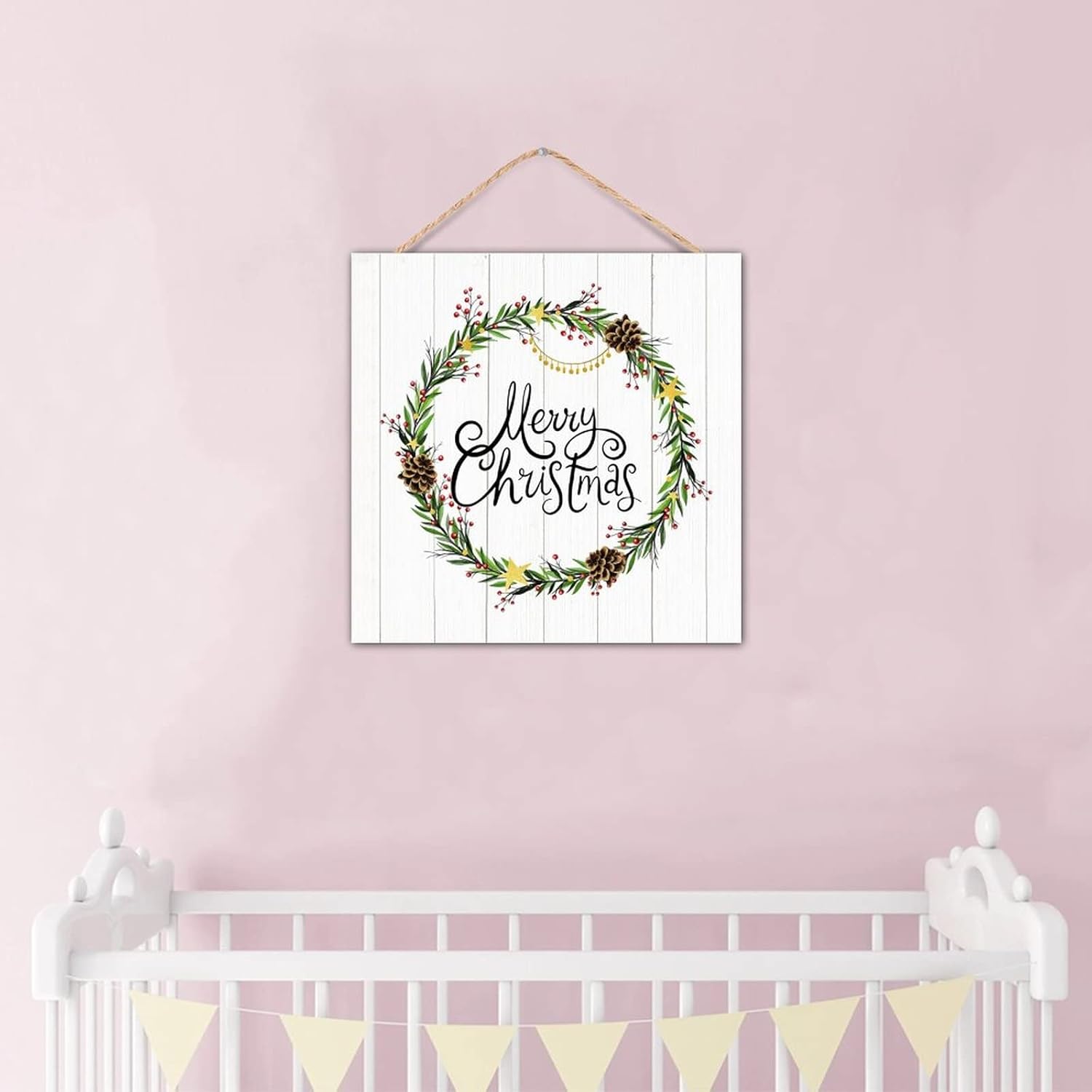 Winter Door Hanger Wreath 12x12in Wooden Plaque