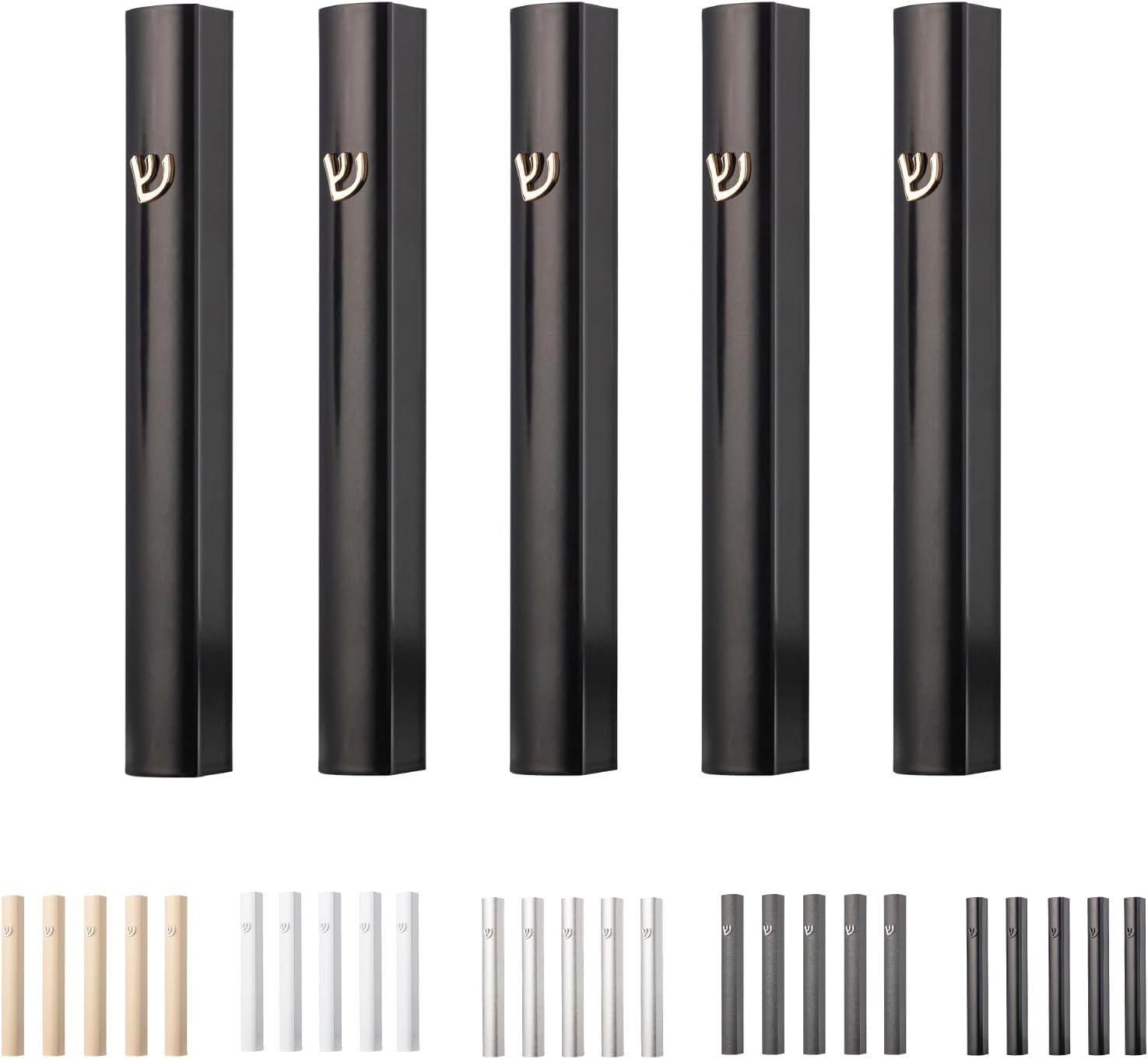 Pack of 5 Matte Black Aluminum Mezuzah Cases with Gold Shin