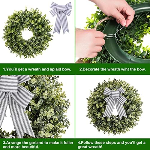 KuiMen 19 Inch Boxwood Wreath with 3 Bows