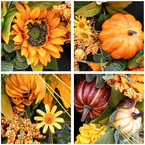 24 Inch Fall Wreath with Sunflowers Pumpkins Leaves for Front Door