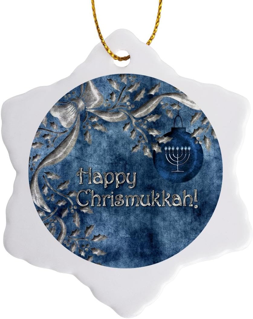 3dRose Happy Chrismukkah Blue Silver Ornament and Menorah Snowflake 3 Inch